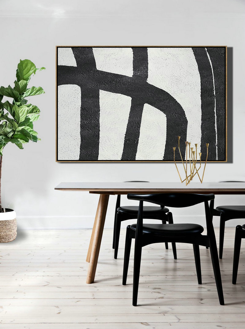 Modern Paintings On Canvas,Hand Painted Oversized Horizontal Minimal Art On Canvas, Black And White Minimalist Painting - Size Extra Large Abstract Art